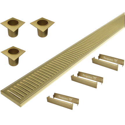 Hayman Aluminium Grate Drain 100mm x 3m - 21mm Brushed Gold KIT 40mm Outlet