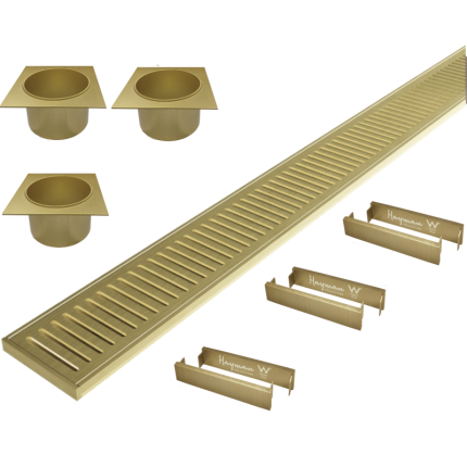 Hayman Aluminium Grate Drain 100mm x 3m - 21mm Brushed Gold KIT 72mm Outlet