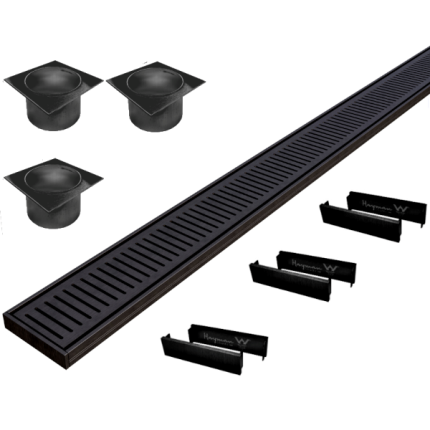 Hayman Aluminium Grate Drain 100mm x 3m - 26mm Brushed Black KIT 76mm Outlet